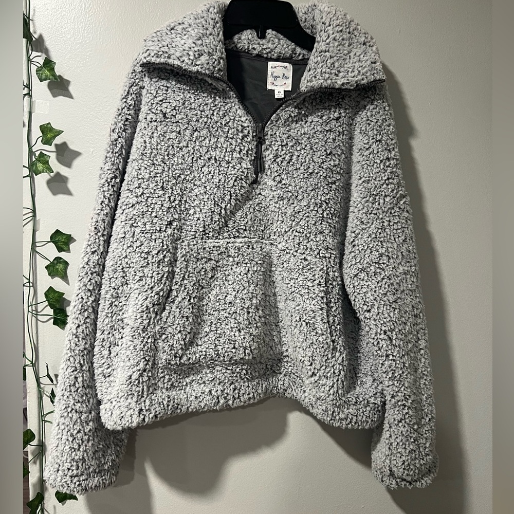 Grey / White Cropped Sherpa Pullover Jacket